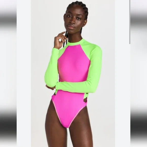 LoveShackFancy X Hurley Neon Pink Green Colorblock Longsleeve Swimsuit, Sz S - Picture 2 of 5